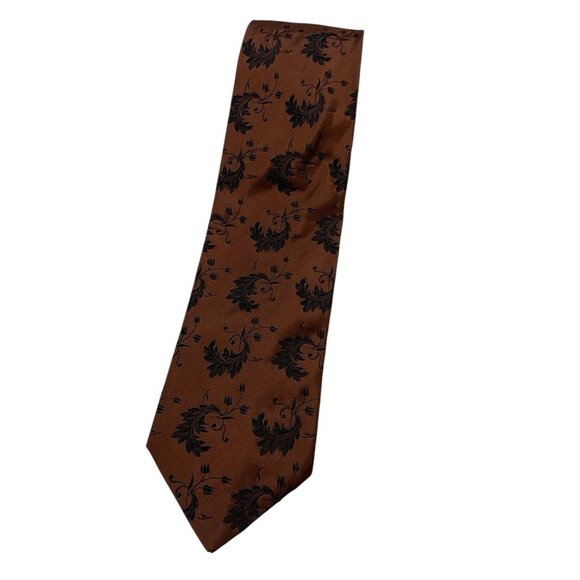HUGO BOSS Men's 100% Silk Necktie LUXURY Tie Brown Floral Leaf W:3" EUC